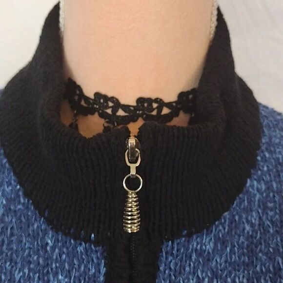 VTG Blue Black Handloomed Zip Front Mock Neck Knitted Cardigan Size XL - Picture 5 of 16